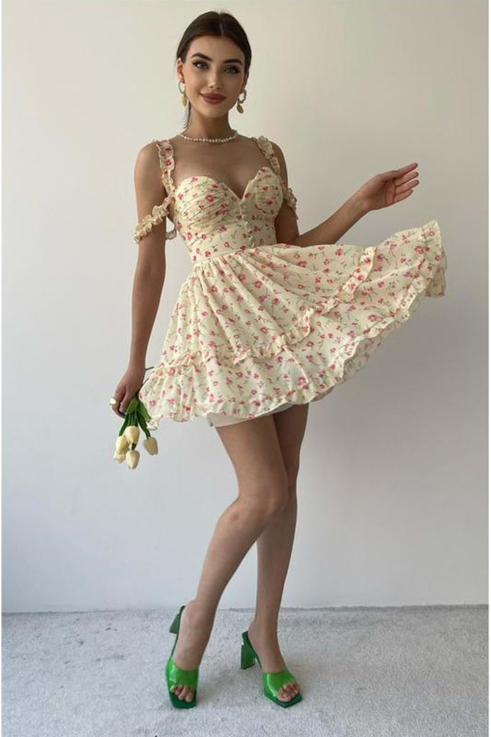 Şifon Çiçek Desenli Fırfırlı Queen Elbise - Sarı - L