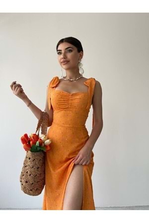 Kadın Omuz Detaylı Çiçekli Elbise - Turuncu - M