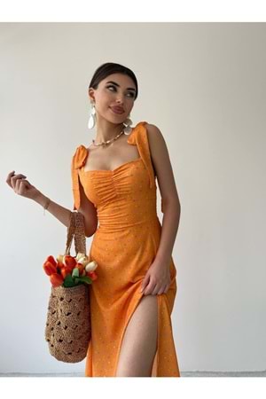Kadın Omuz Detaylı Çiçekli Elbise - Turuncu - M