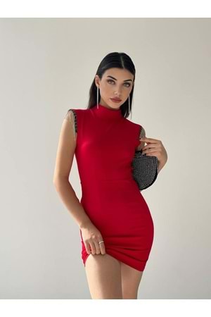 Taşlı Sırt Dekolteli Mini Elbise - Kırmızı - S