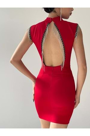 Taşlı Sırt Dekolteli Mini Elbise - Kırmızı - S