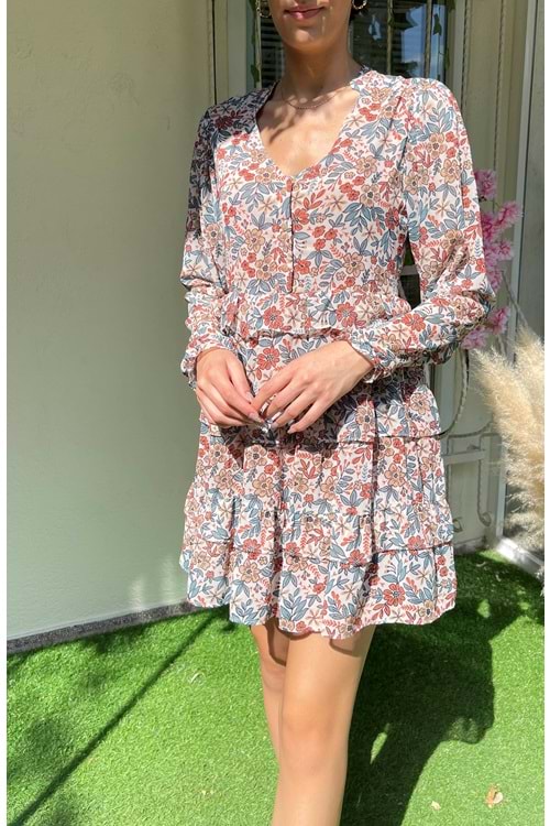 Kadın Şifon Çiçek Desenli Fırfırlı Elbise - Bej - M