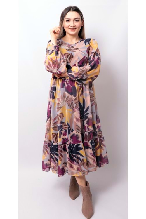 Kadın Şifon Yaprak Desenli Yuvarlak Yaka Elbise - Fuşya - S