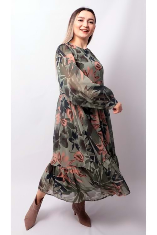 Kadın Şifon Yaprak Desenli Yuvarlak Yaka Elbise - Mint - S