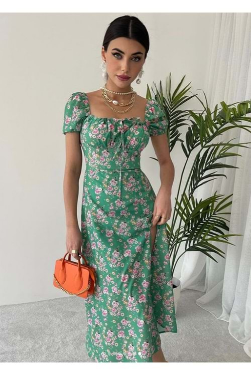 Kadın Kare Yaka Yırmaçlı Çiçekli Clara Elbise - Yeşil - S