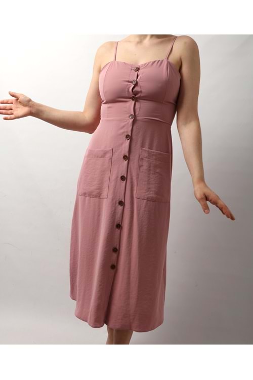Kadın Önü Düğmeli Fiyonk Detaylı Askılı Elbise - Pudra - S