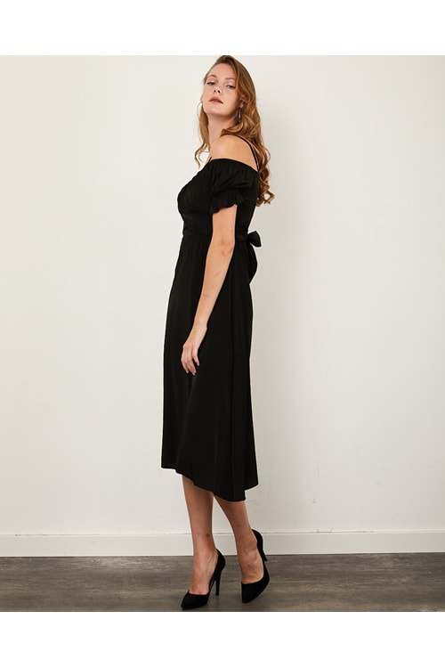 Kadın Askılı Karpuz Kol Belden Bağlamalı Elbise - Siyah - M