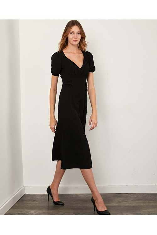 Kadın Poplin Yırtmaçlı Helen Elbise - Siyah - S