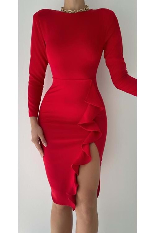 Kadın Yandan Volanlı Ruffle Elbise - Kırmızı - S