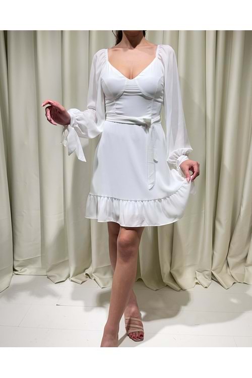 Chic Bel ve Göğüs Detaylı Sasha Elbise - Beyaz - M