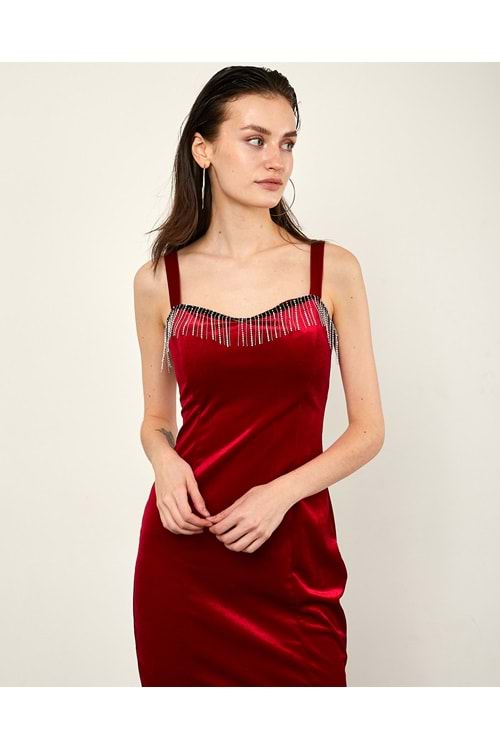 Fransız Kadife Göğüsü Taş Detaylı Lena Elbise - Kırmızı - S