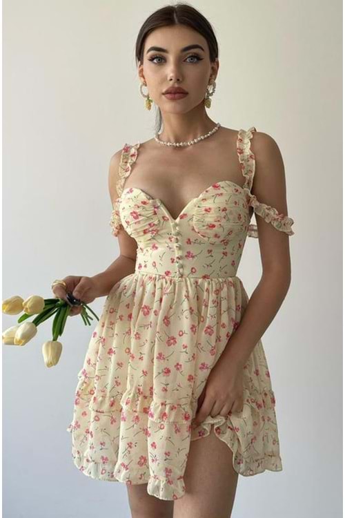 Şifon Çiçek Desenli Fırfırlı Queen Elbise - Sarı - L