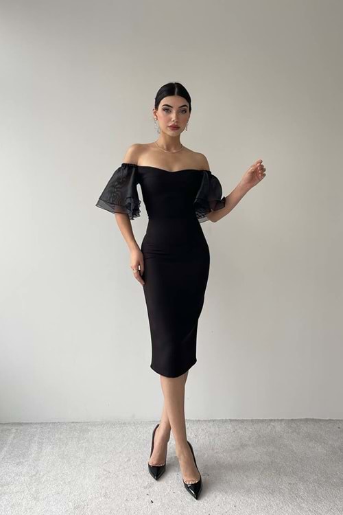 Carino Organze Kol Detaylı Elbise - Siyah - L