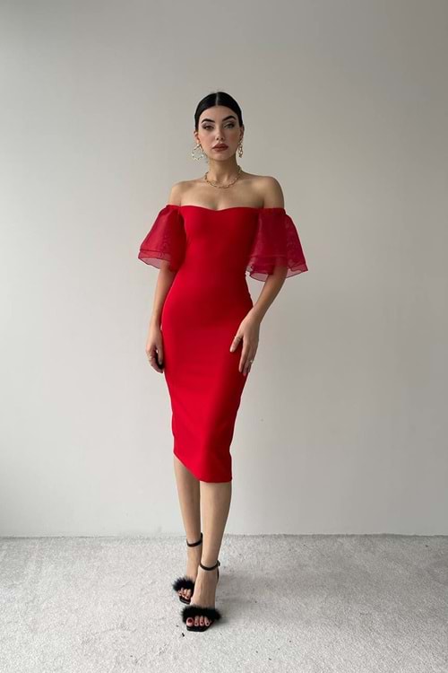 Carino Organze Kol Detaylı Elbise - Kırmızı - L