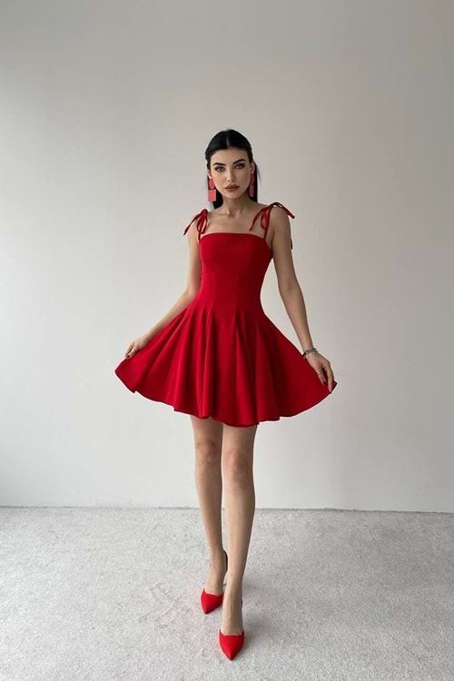 Omuzdan Bağlamalı Volanlı Mini Elbise - Kırmızı - S